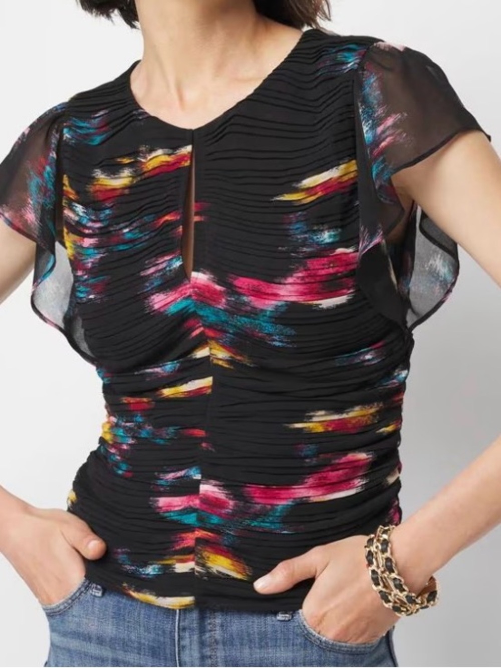 Women’s Black Multicolor Keyhole Flutter-Sleeve Ruched Shell Top